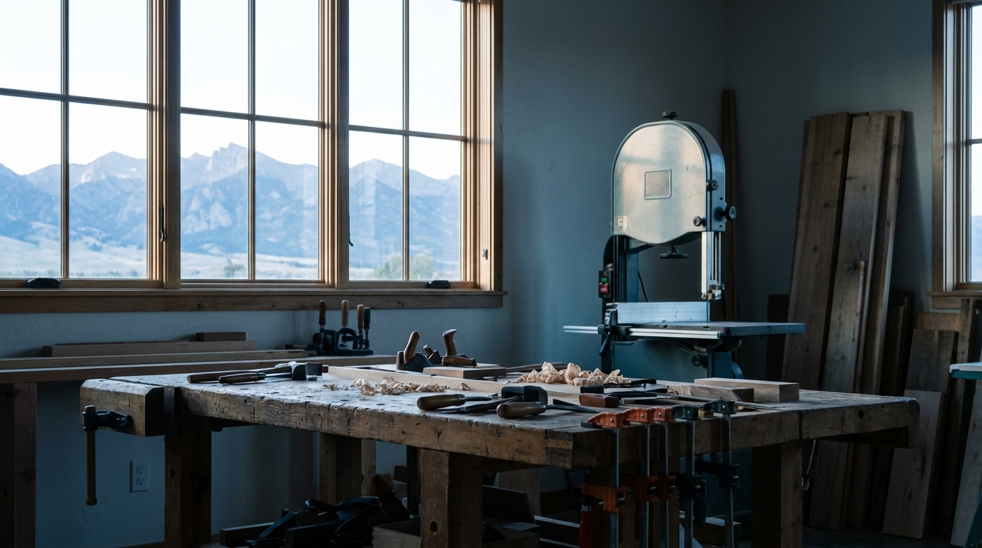 Bozeman construction site or workshop at dawn, equipment and tools, no people