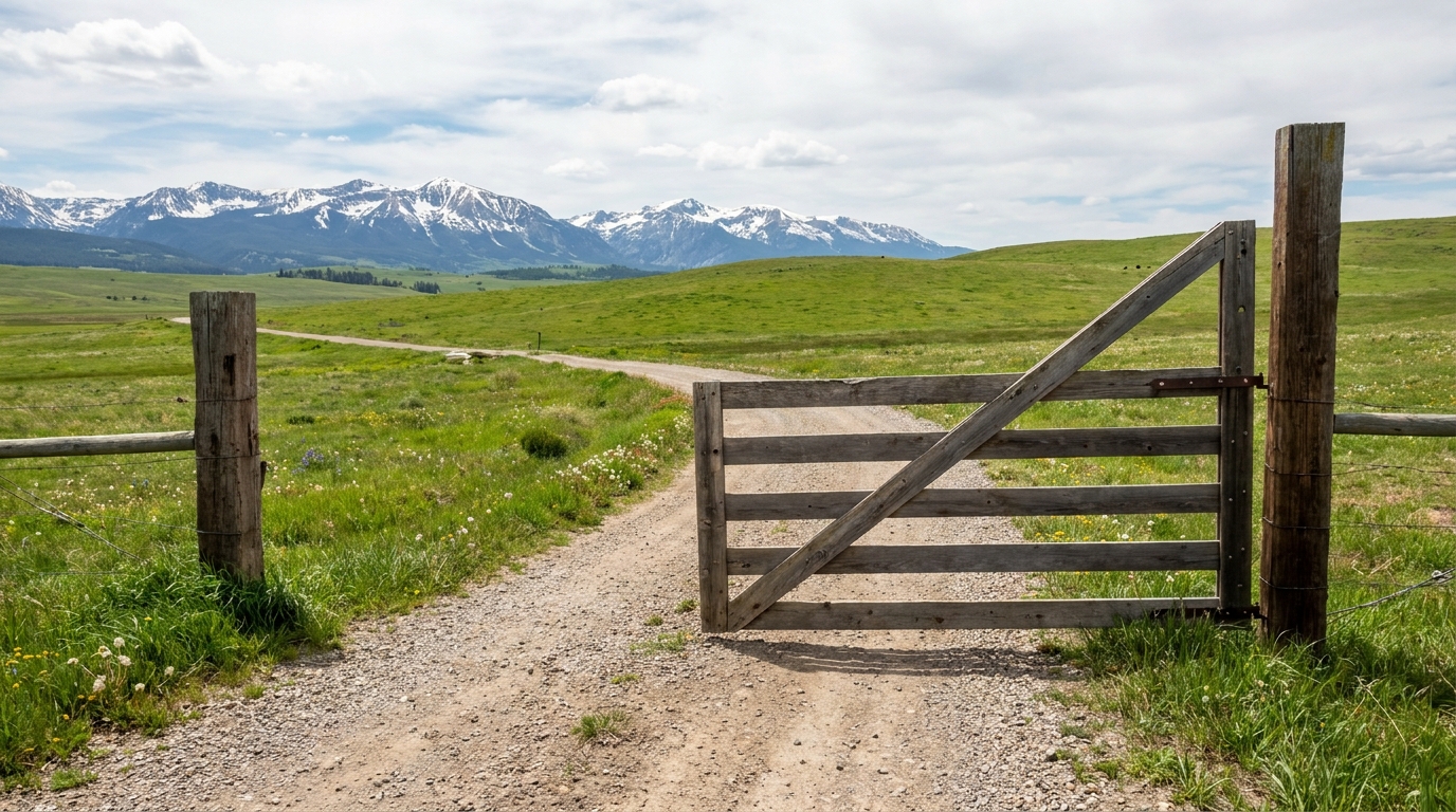 Cattle gate open onto a gravel ranch road outside Livingston, spring green pasture and snow still on the Absarokas