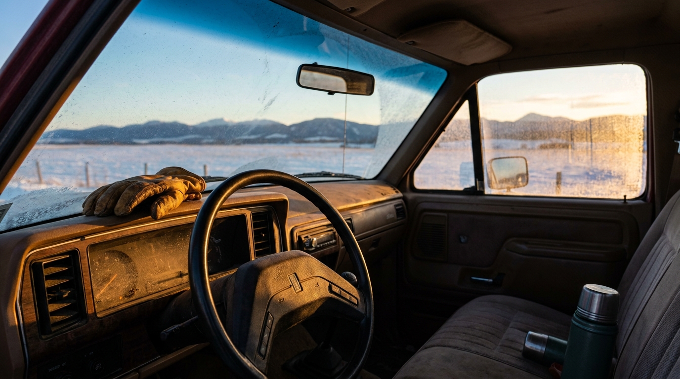 Empty job site office or pickup truck cab at end of day, Montana winter light, no people