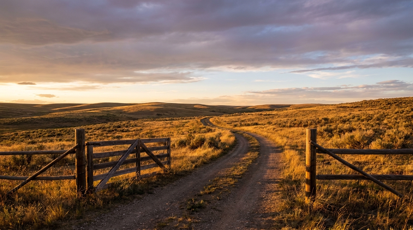Fence gate and dirt road on a Montana ranch at sunset, no people