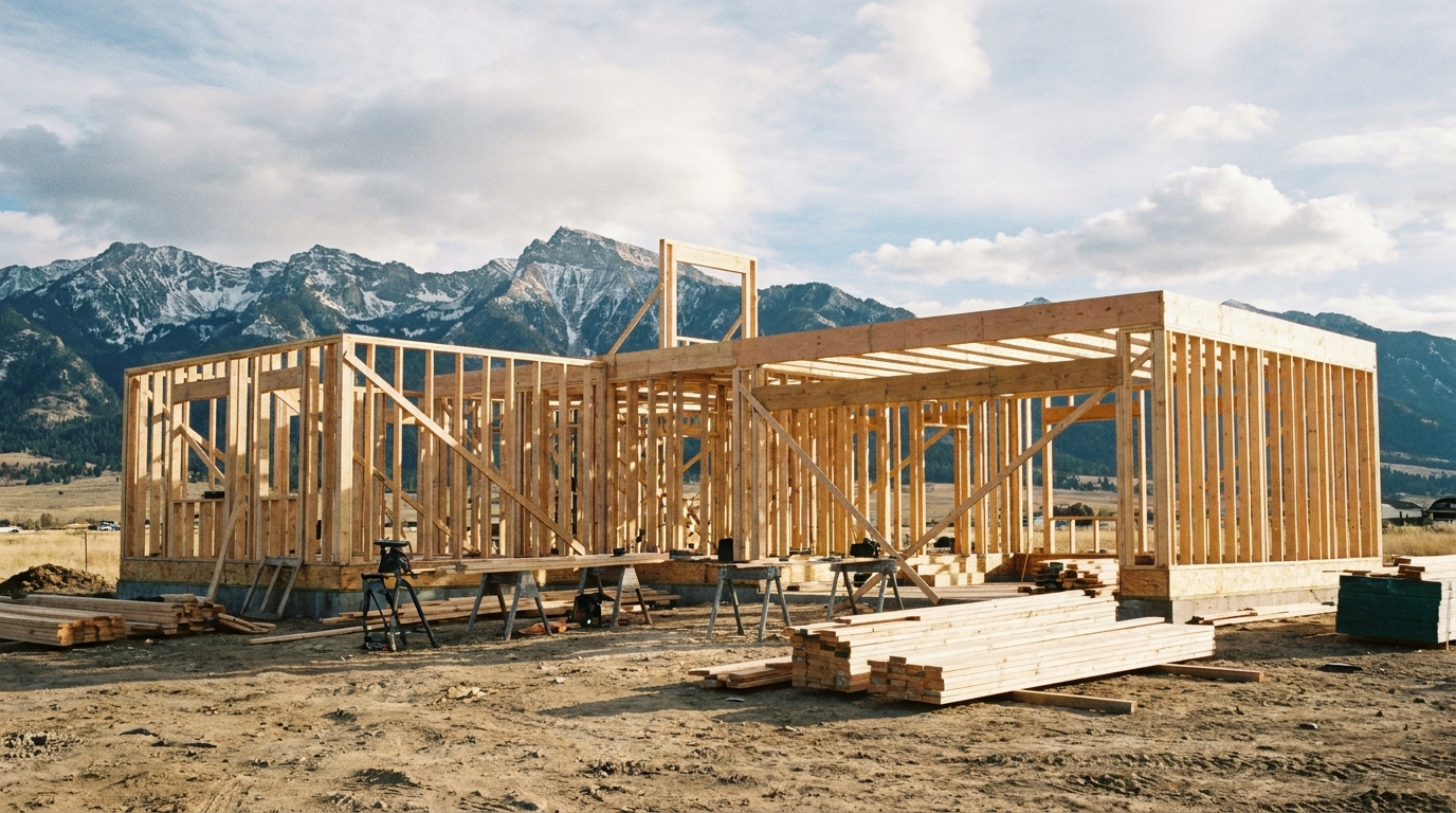 Framing lumber and a half-built home against the Bridger Mountains, no people