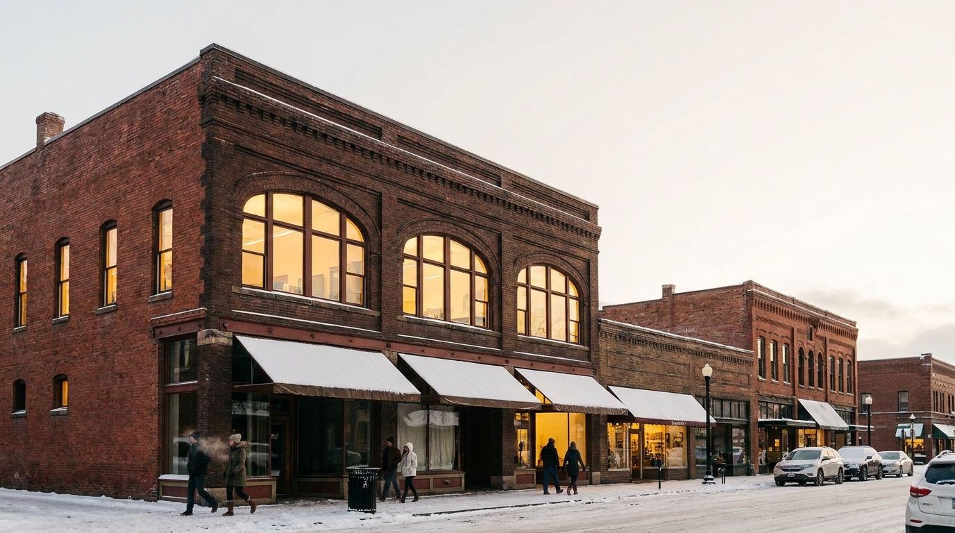 Historic brick storefronts on Main Street Bozeman in late afternoon, warm light on second-story office windows, fresh snow on the sidewalk