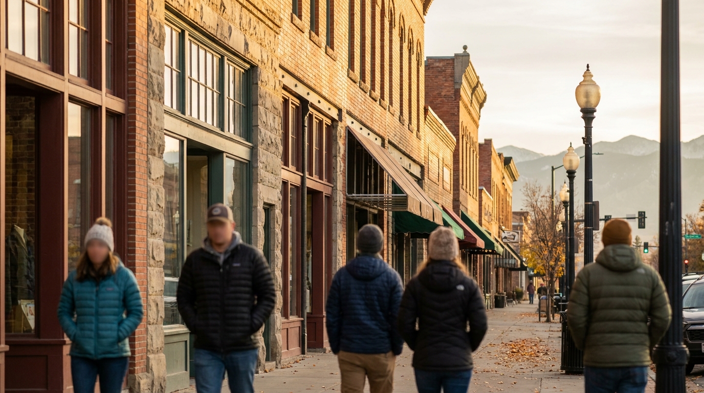 Main Street Bozeman storefronts in late afternoon light, seasonal Montana feel, no posed people