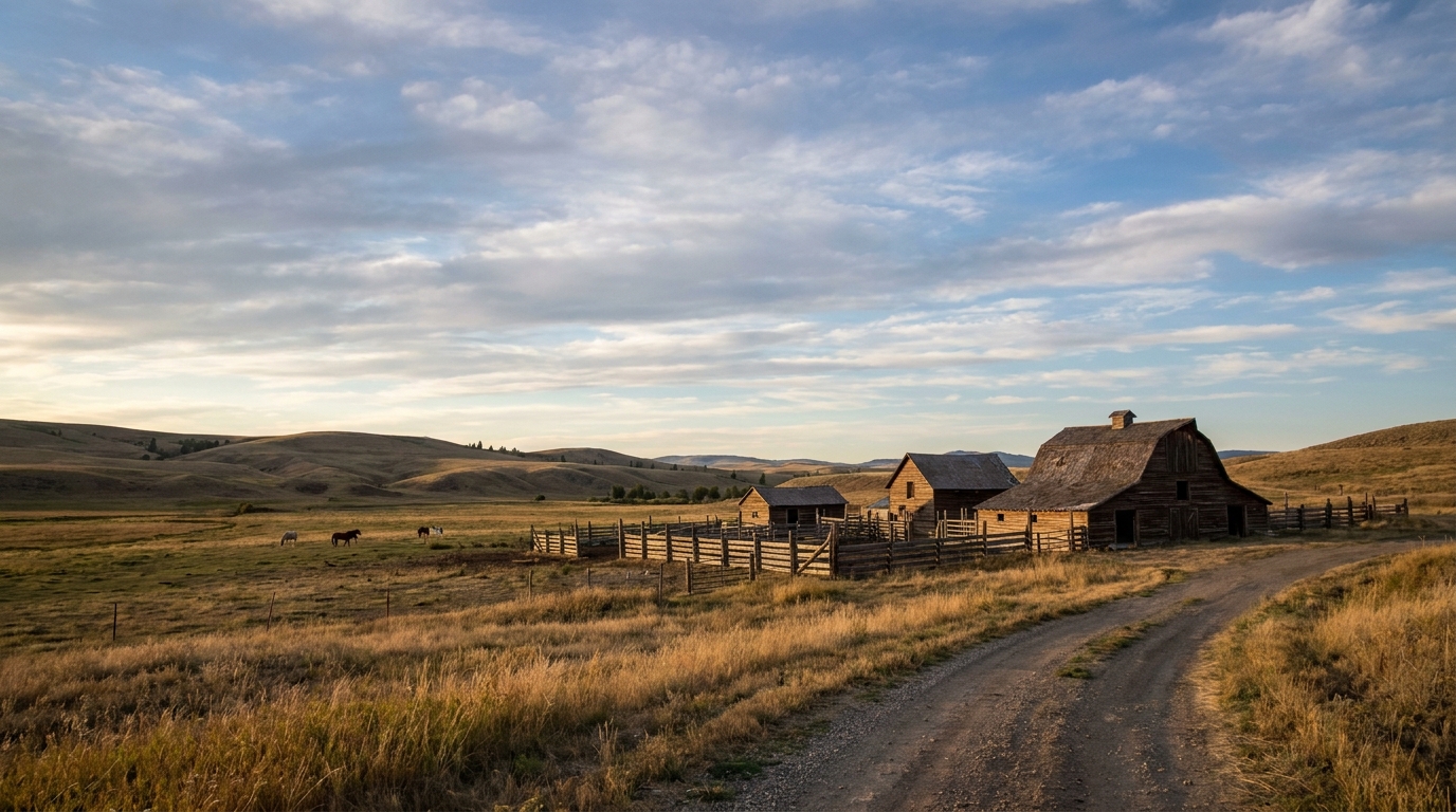 Multi-generational ranch homestead with barn and corrals at dusk, Montana foothills, no people