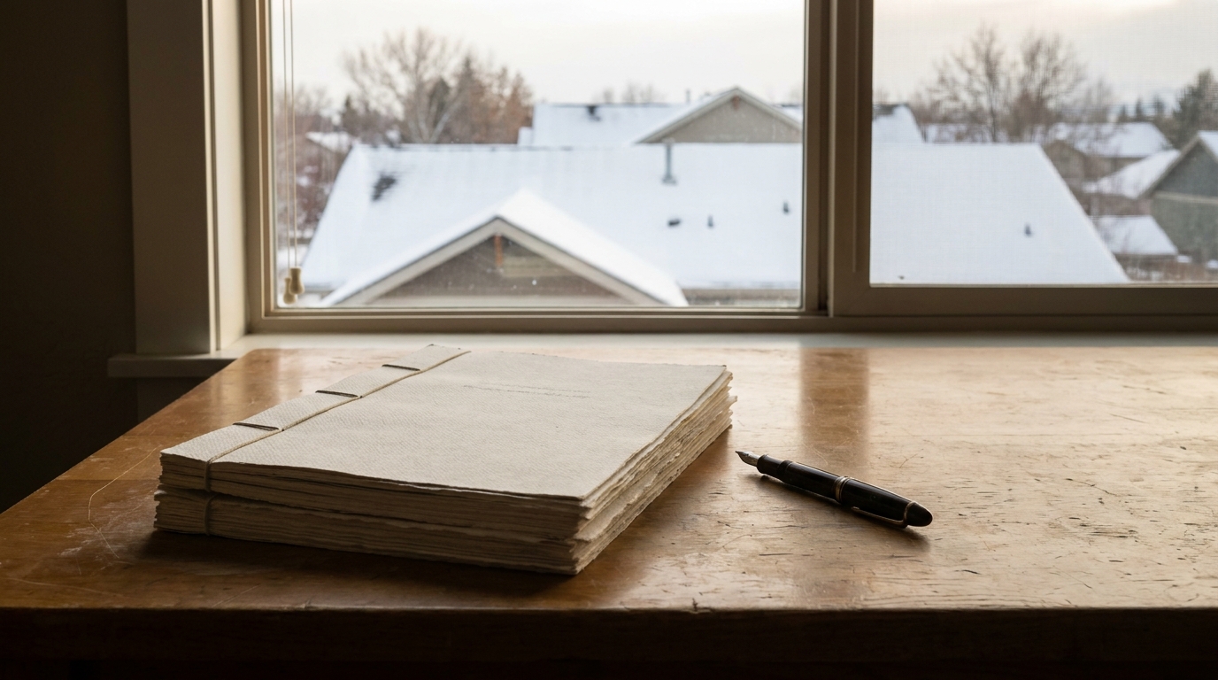 A stack of printed quarterly letters and a fountain pen on a desk by a window overlooking snowy Bozeman rooftops