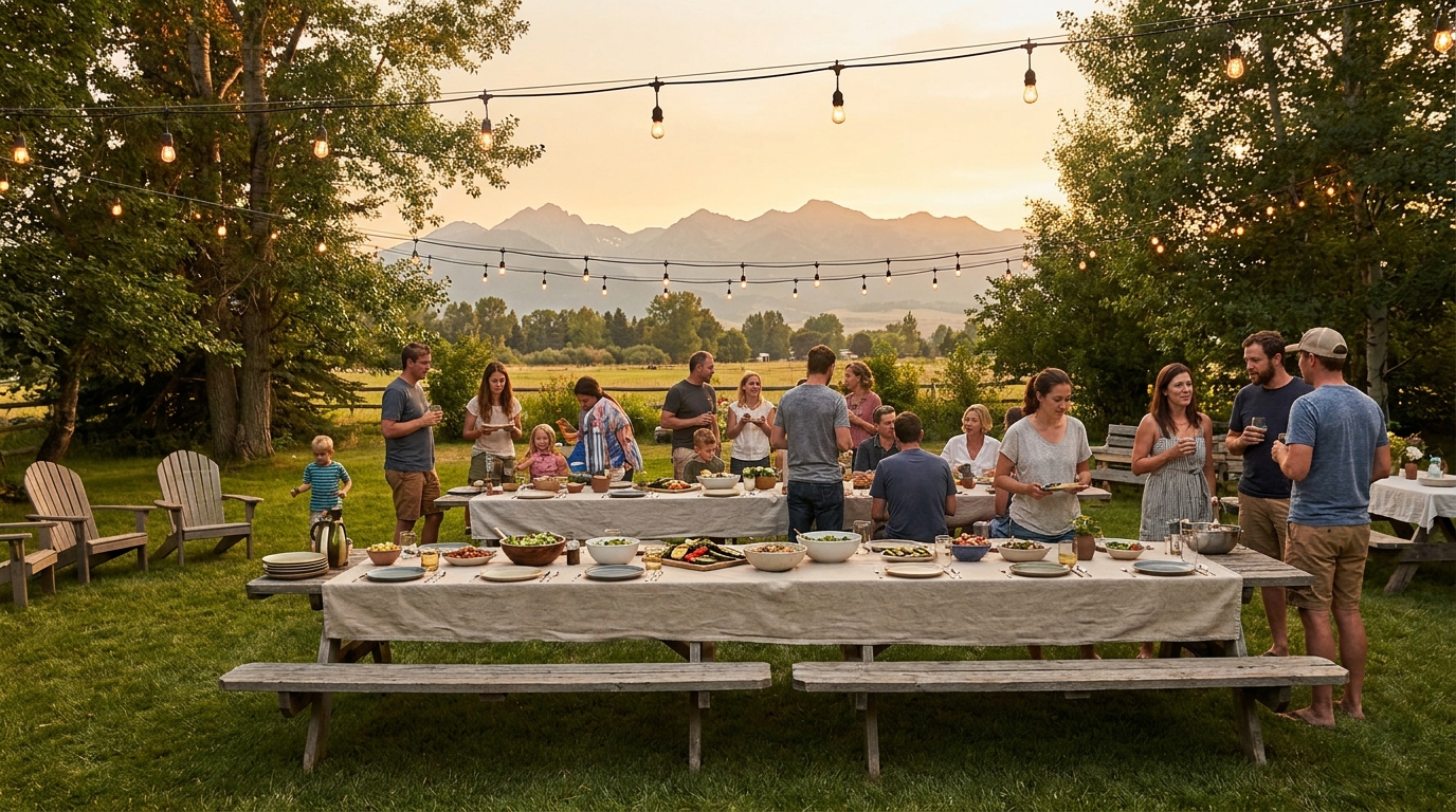 A summer barbecue in a Bozeman backyard, long picnic tables under string lights, mountains on the horizon at golden hour