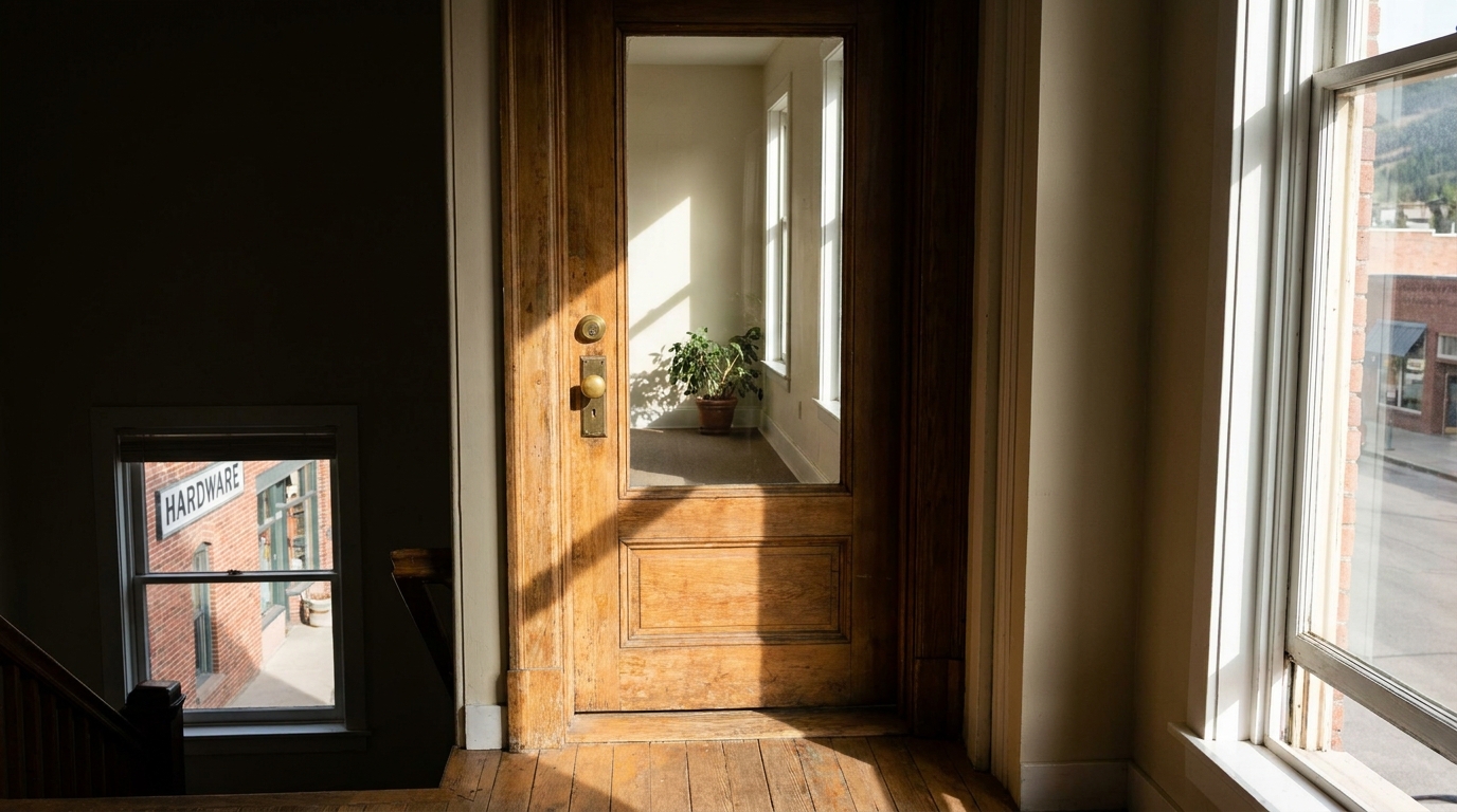 The doorway of a second-floor office above a Main Street hardware storefront in Bozeman, brass numbers and morning light