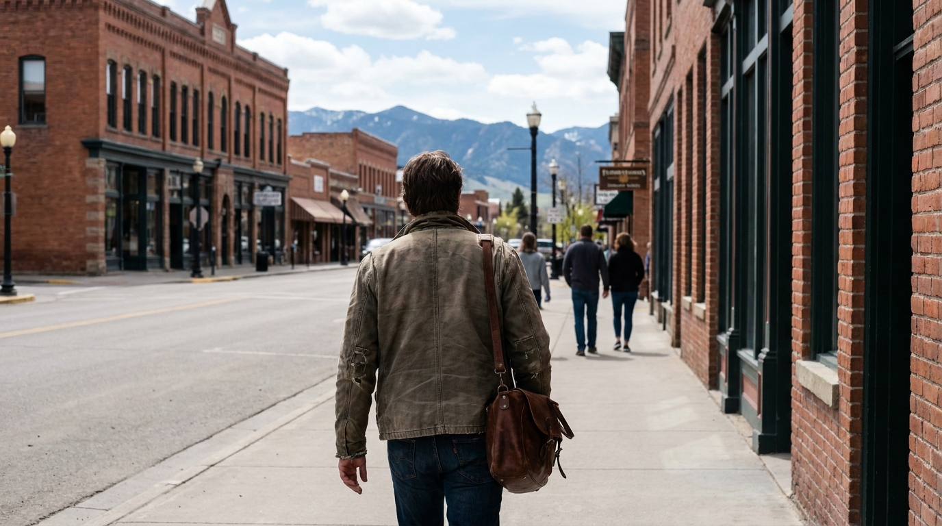The town of Bozeman, MT itself, a street, a working building or the landscape it sits in, photographed in daylight