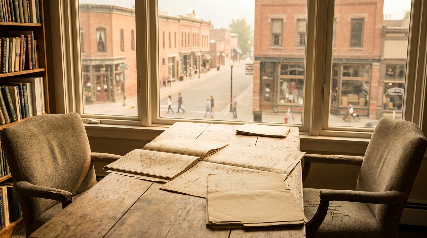 Two chairs pulled up to a conference table in a Main Street office above old storefronts, plat maps and paper folders, Bozeman street visible below