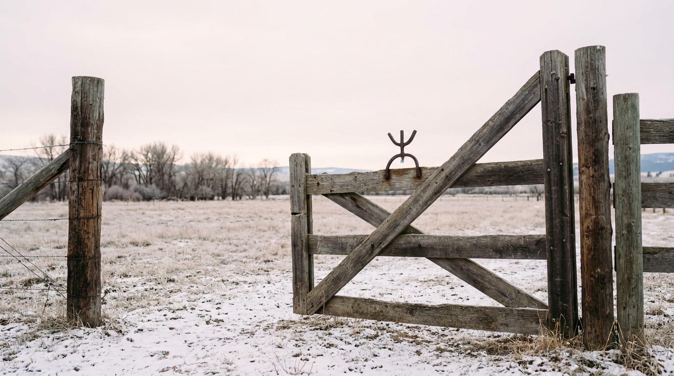 Weathered ranch gate with family brand sign, snow-dusted pasture behind, no people