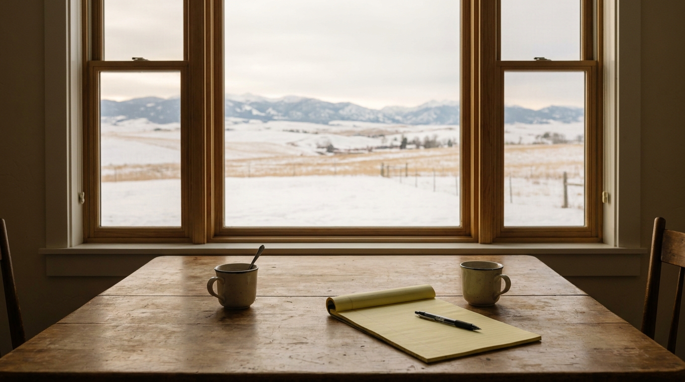 A weathered wooden kitchen table by a farmhouse window, coffee cups and a legal pad, winter light on Montana fields outside