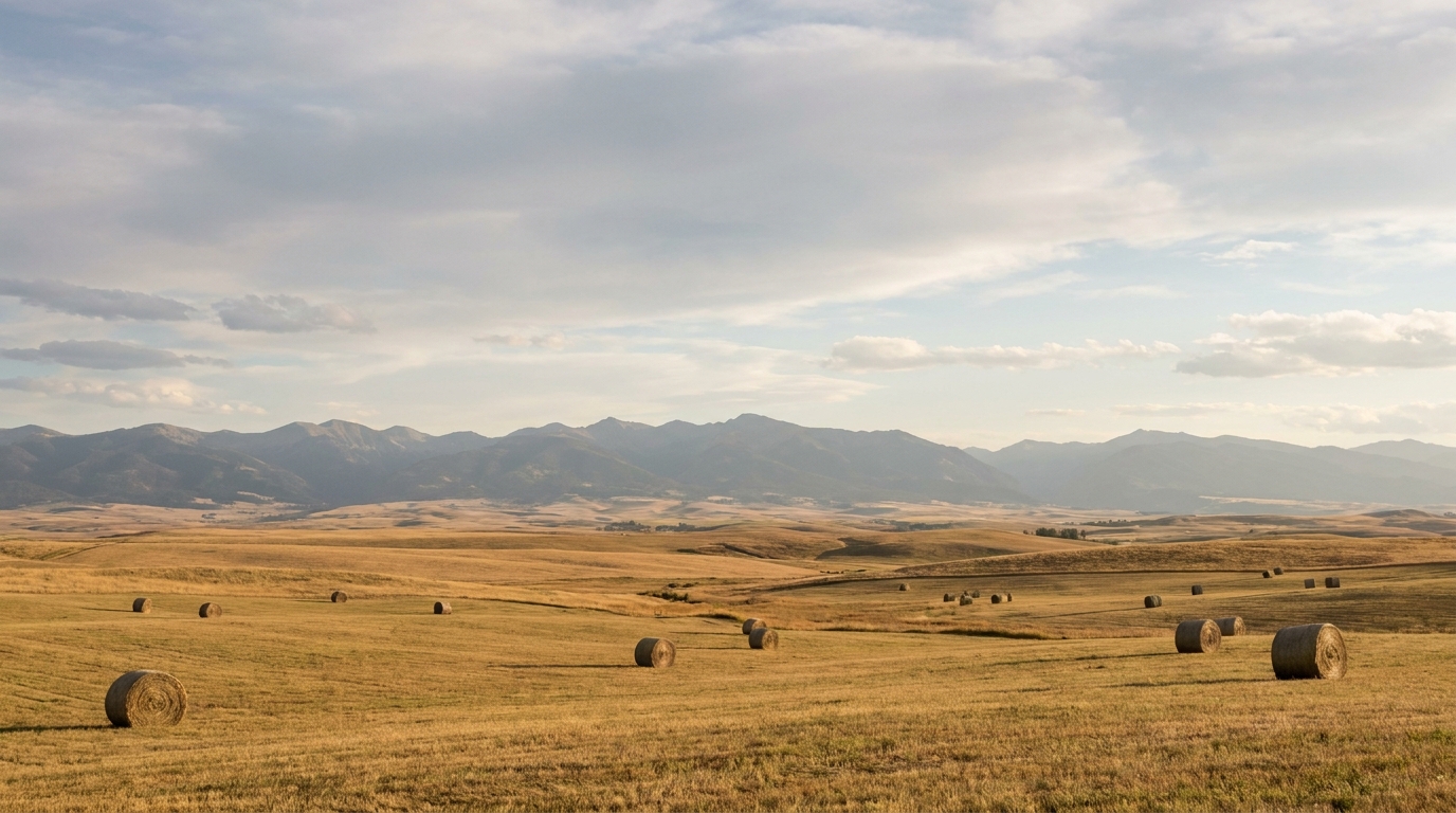 Wide Montana rangeland under big sky in autumn, hay bales or grazing land, no people