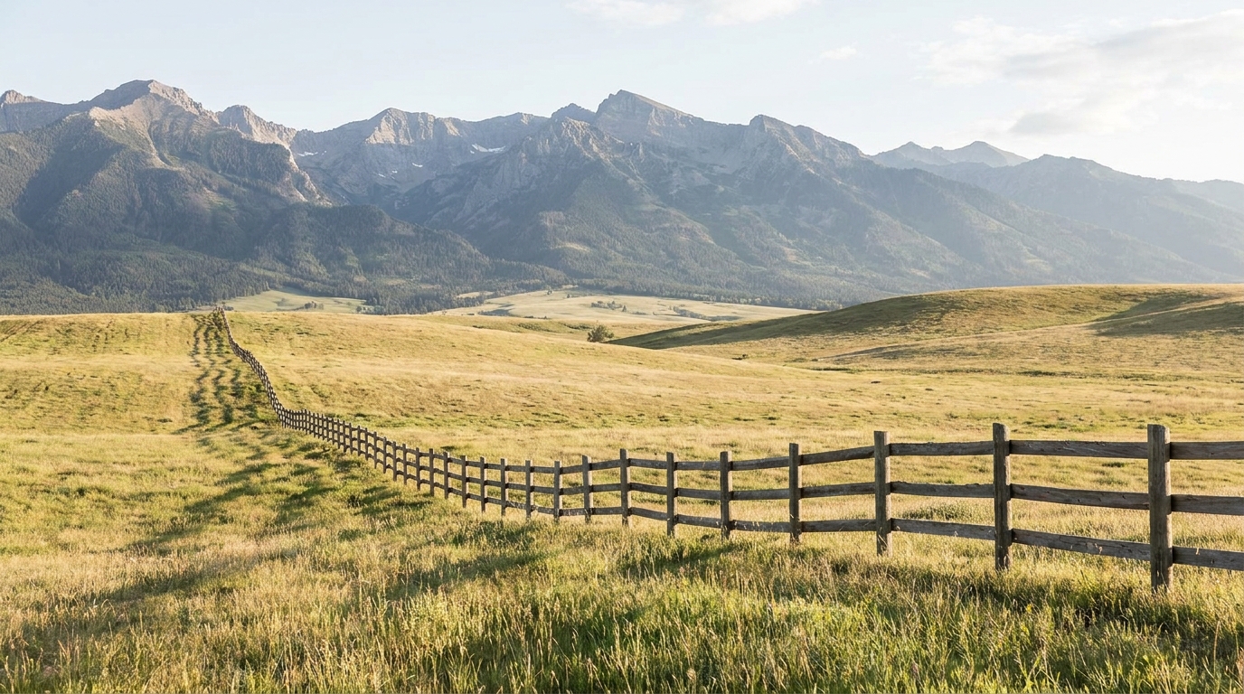 Working ranch land in the Paradise Valley outside Livingston, fence line and mountains, no people