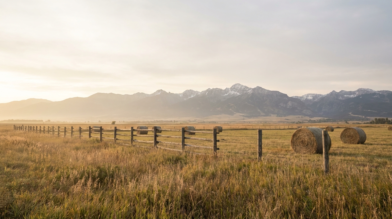 Working ranchland in the Gallatin Valley at first light in early autumn, fence line and hay bales, Bridger Mountains behind, no people posed