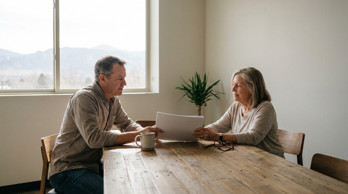 Advisor and client at a plain wood conference table in a Fort Collins office reviewing a printed PERA benefit estimate, mountain light through the window