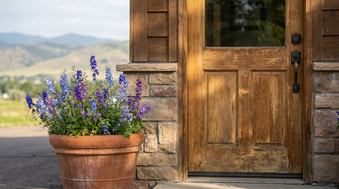 Front door of a modest Fort Collins office with a larkspur planter, morning sun, foothills soft in the distance