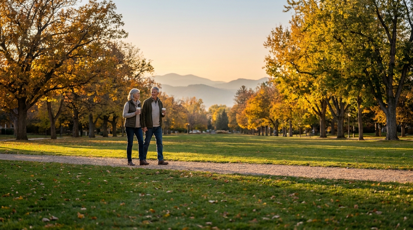Late-afternoon autumn light on the tree-lined CSU Oval in Fort Collins, a professor-aged couple walking with coffee, foothills faint behind