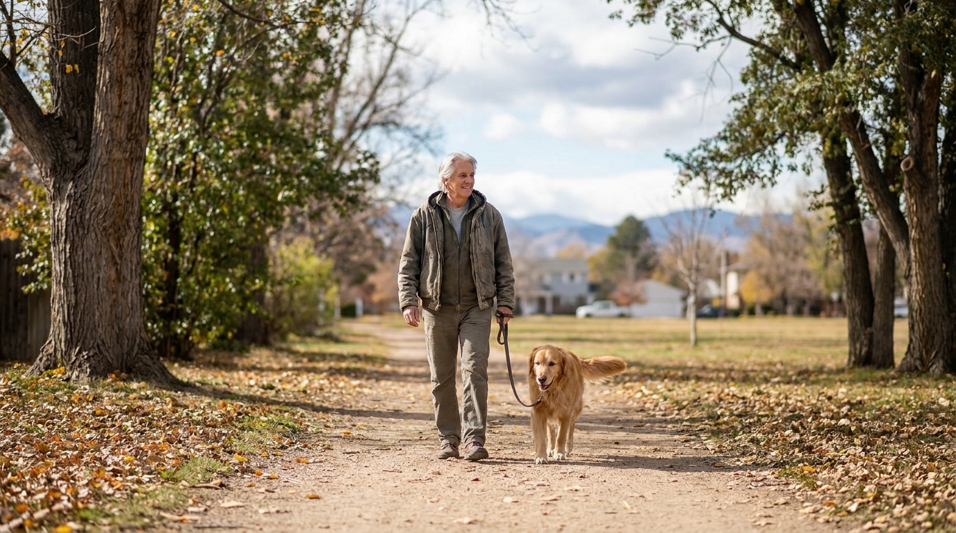 A person in their early sixties walking a dog on a Fort Collins neighborhood path in autumn, relaxed and unhurried