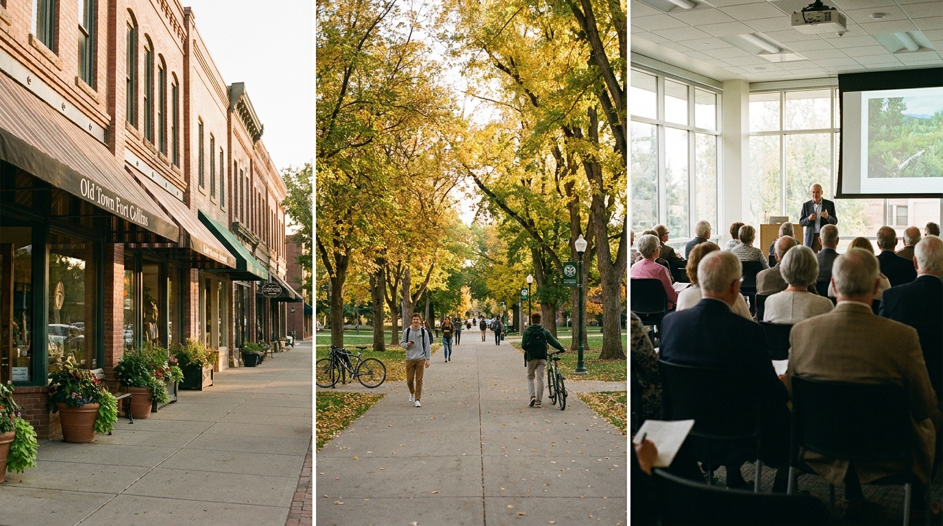 Photo scroller of Old Town Fort Collins storefronts, the CSU campus in autumn, and a filled seminar room of attentive 60-something attendees