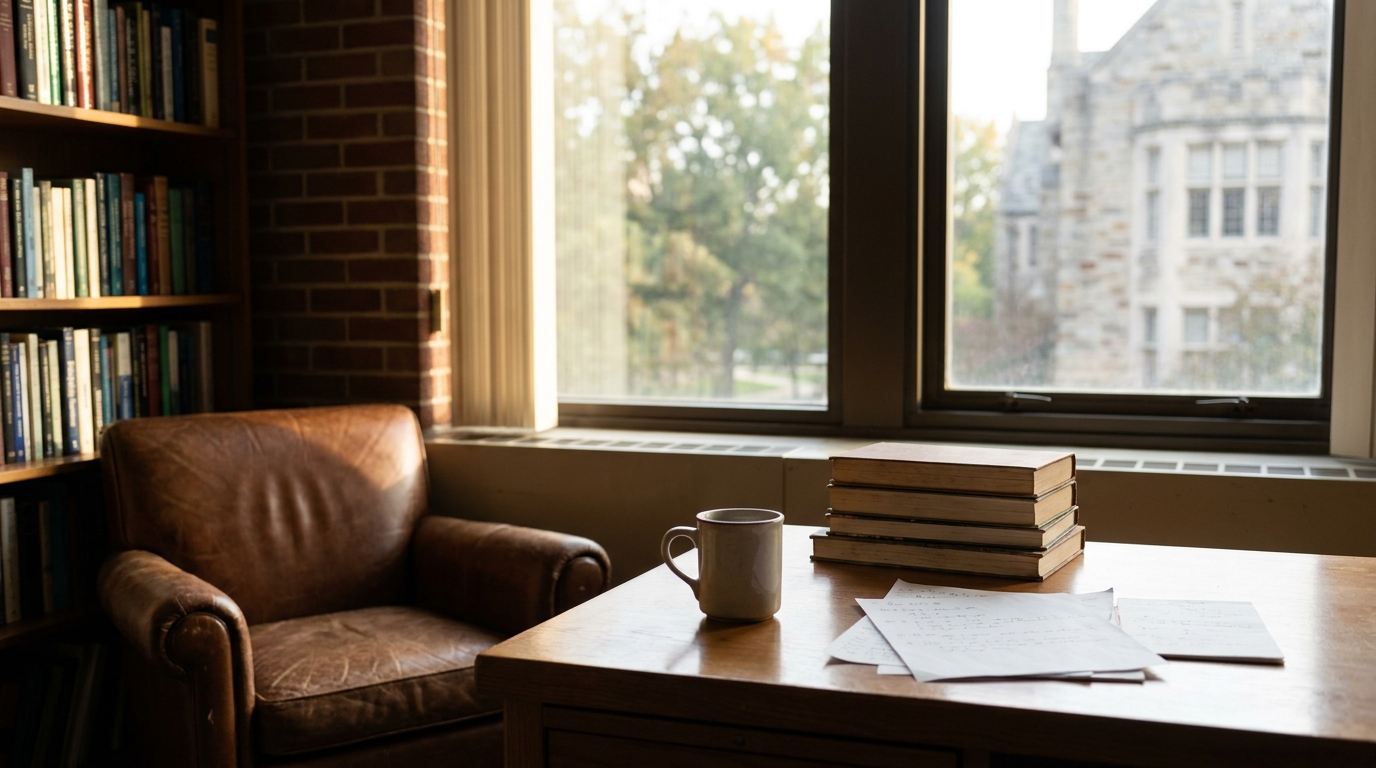 A professor's quiet office on a university campus in Fort Collins, morning light on a desk with papers and a coffee mug