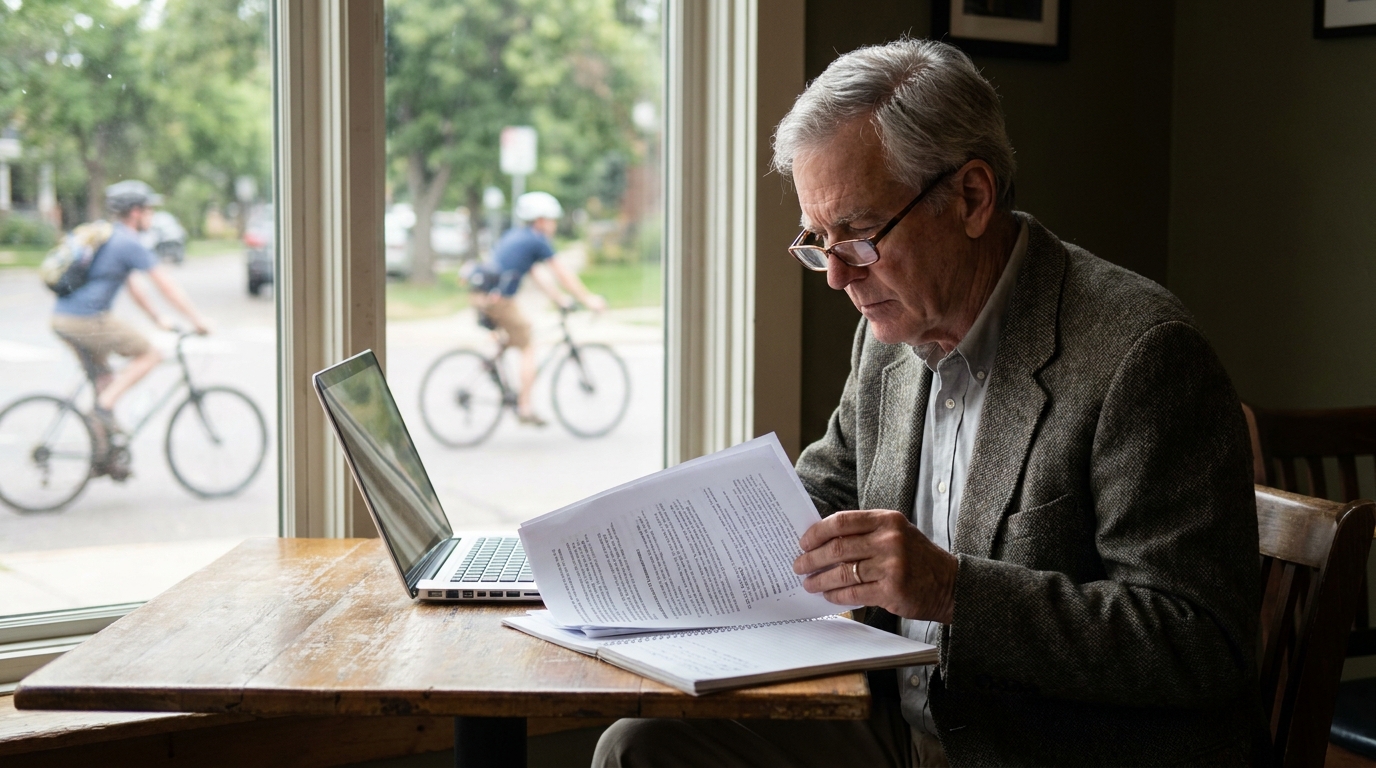 Professor reading printed retirement notes at a Fort Collins coffee shop window table, laptop open, bikes passing outside