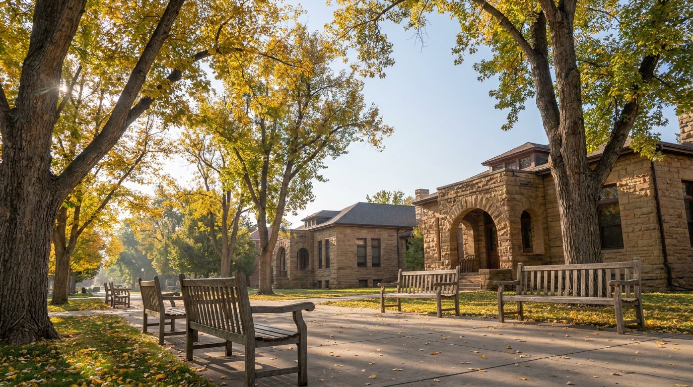 Quiet morning on a Fort Collins campus walkway in early fall, empty benches under golden cottonwoods, sandstone buildings behind