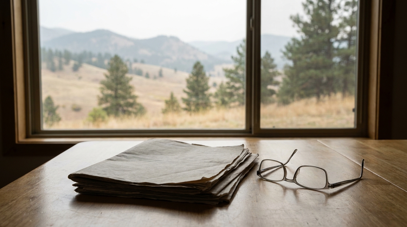 Stack of PERA statements and a 403(b) summary on a kitchen table beside reading glasses, Colorado foothills visible through the window