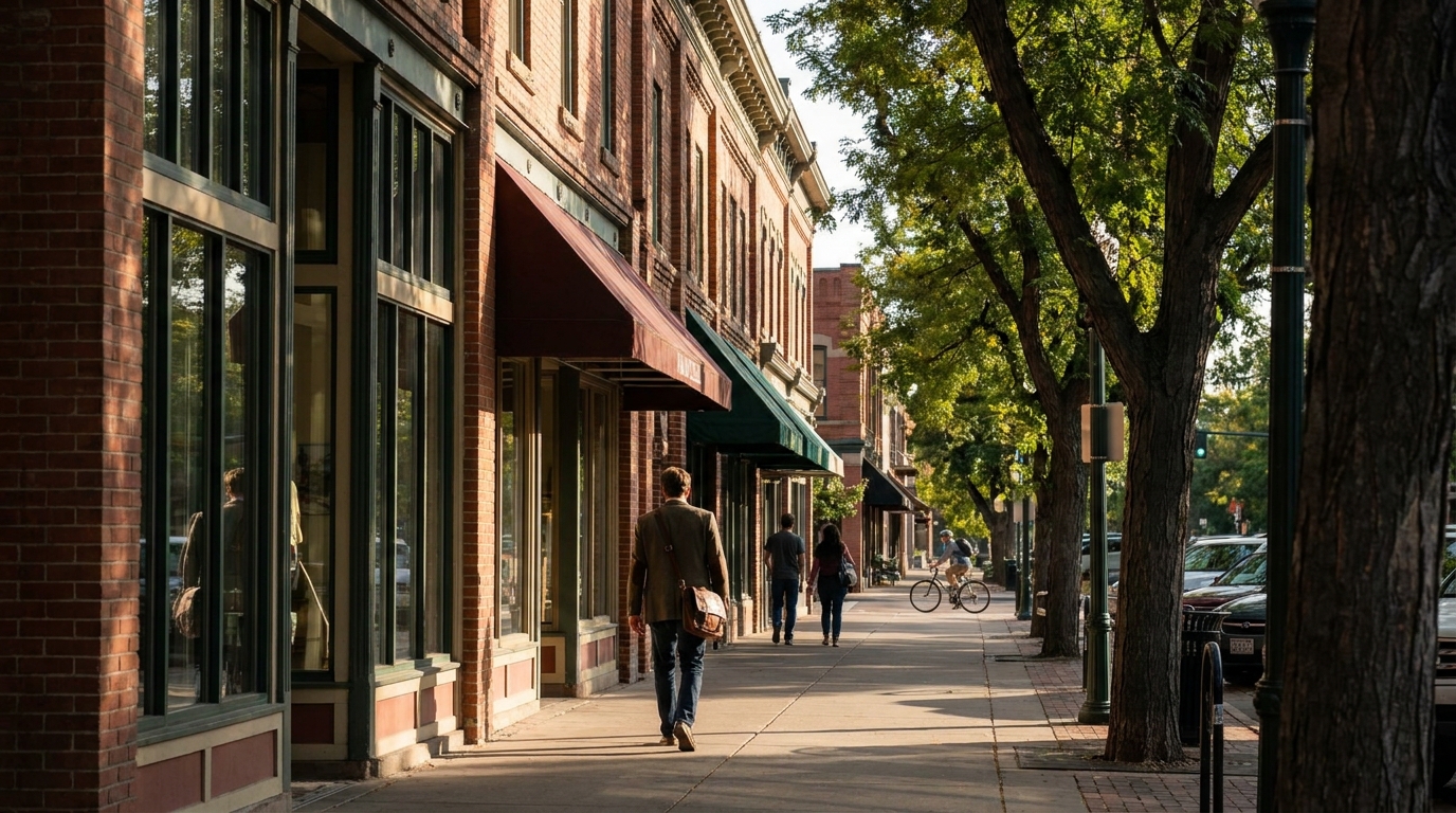 The town of Fort Collins, CO itself, a street, a working building or the landscape it sits in, photographed in daylight