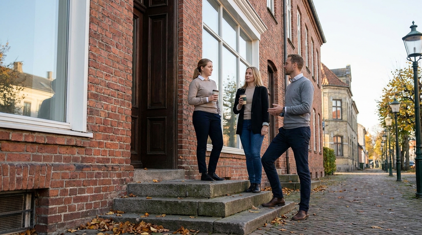 Three colleagues talking on the front steps of a small brick office in Old Town Fort Collins on a crisp fall morning